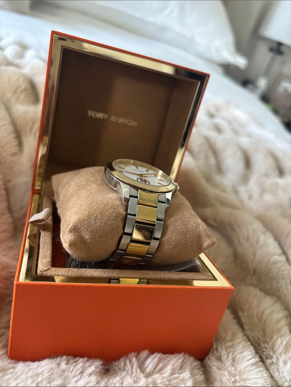 Tory Burch Two-Tone Gold and Silver Stainless Steel Watch with White Dial